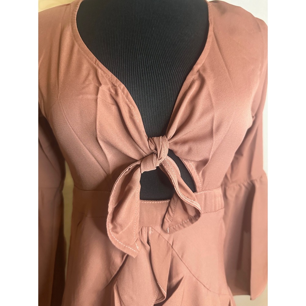 HAYDEN LOS ANGELES Rose Mauve Tie Front Ruffle Bell Sleeve Mini Dress Womens S - Picture 3 of 8